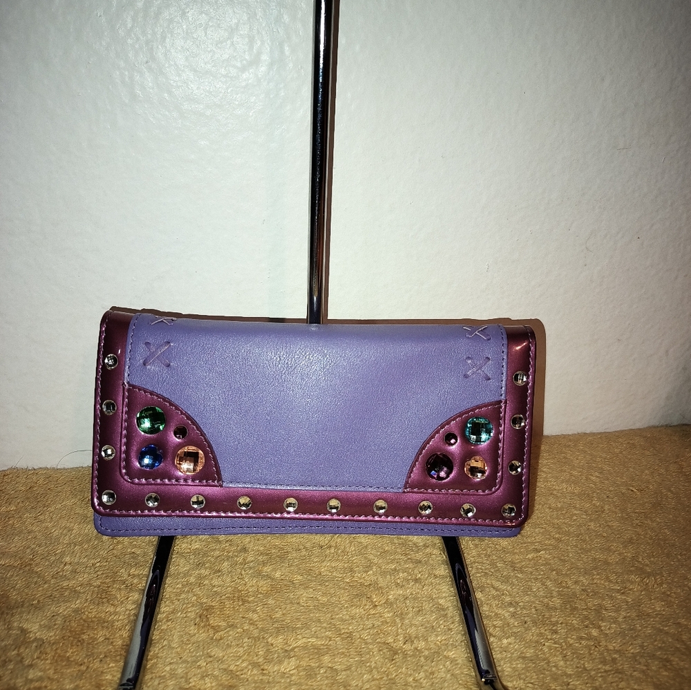 NWT Michelangelo Purple Long Wallet Multicolored Leather, Gems 22 CC Slots